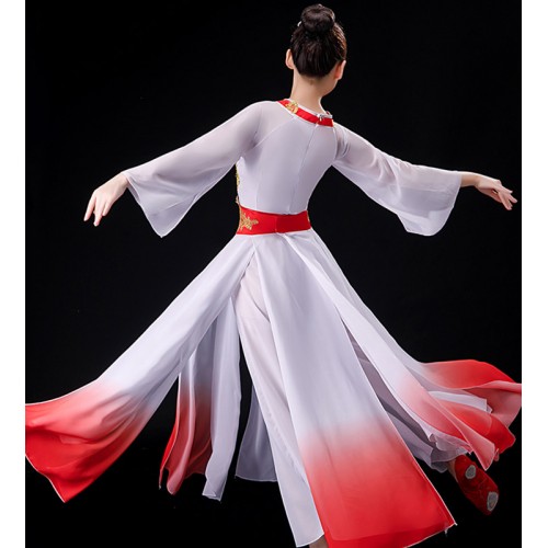 Women white with red  gradient chinese folk classical dance costumes yangko umbrella fan elegant fairy hanfu dance dress Chinese style gradient color fan dance suit